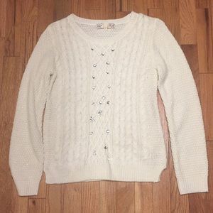 White Sweater with Gold Threading and Jewels